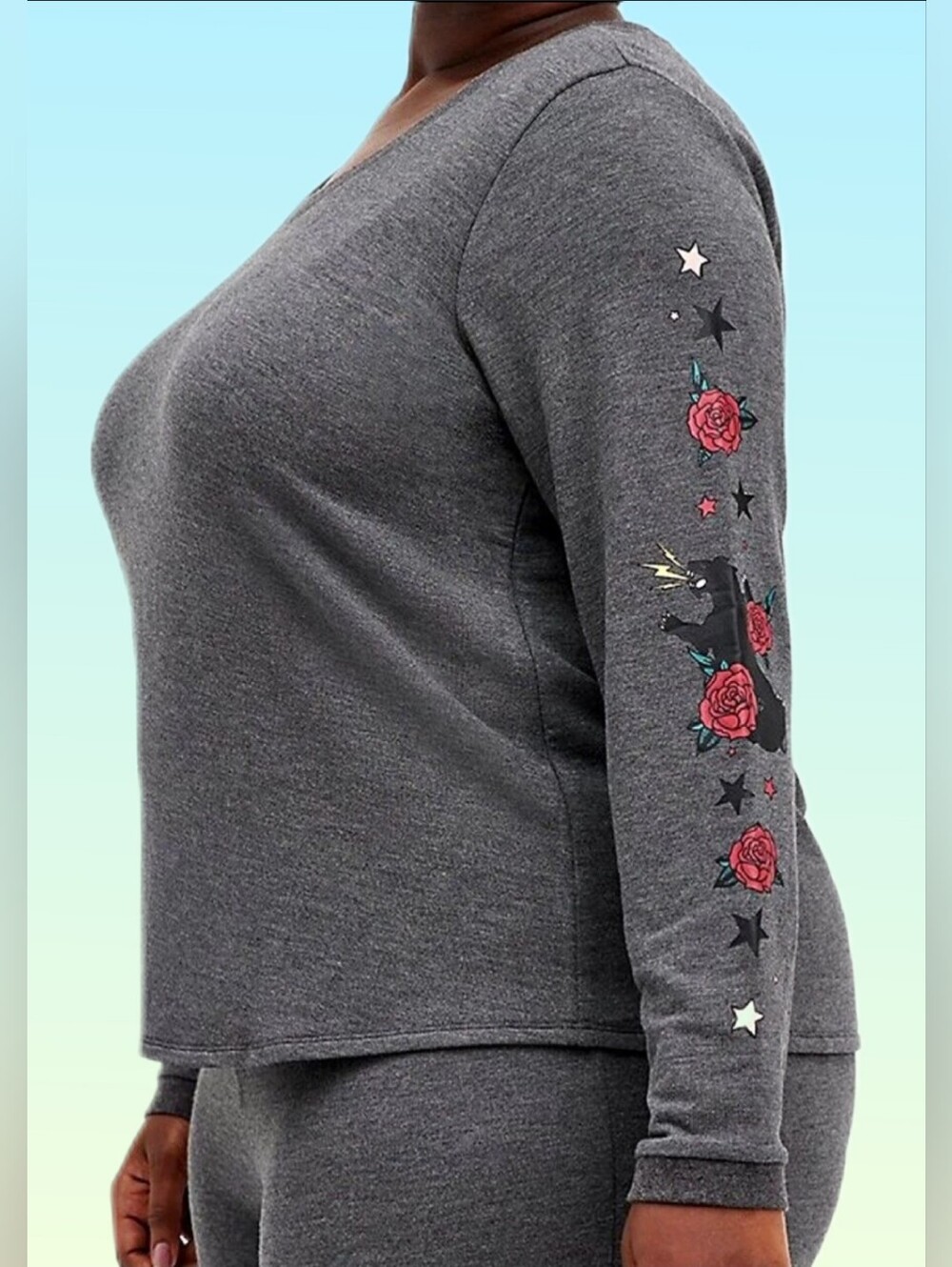 Torrid SLEEP Gray Long-Sleeve Top Sz 1x, Floral Panther Graphic Detail